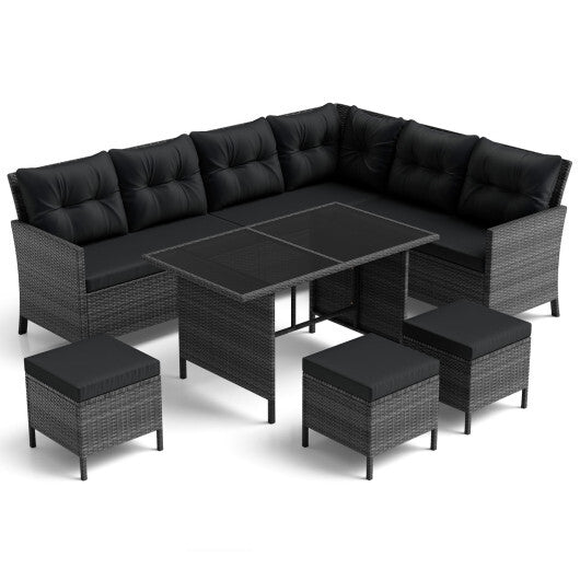 7 Pieces Patio Dining Furniture Set with Soft Cushions and Ottomans-Black