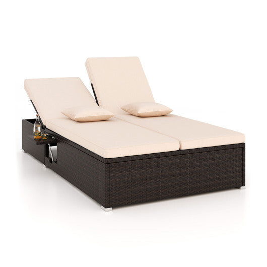 Patio Double Chaise Lounge with Cushions and Folding Side Trays-Beige