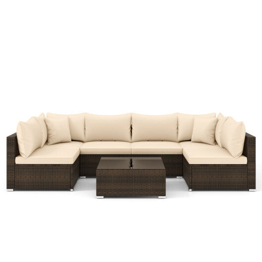 7 Pieces Patio Rattan Furniture Set with Sectional Sofa Cushions-Beige