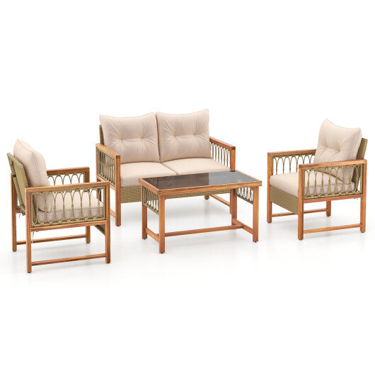 4 Pieces Outdoor Patio PE Wicker Conversation Bistro Set with Acacia Wood Frame-Brown