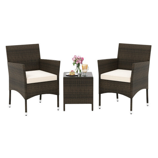 3 Pieces Outdoor Conversation Set with Cushioned Seat and Glass Tabletop-Beige