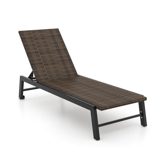 PE Wicker Patio Chaise Lounge Chair with Wheels for Poolside Backyard and Deck