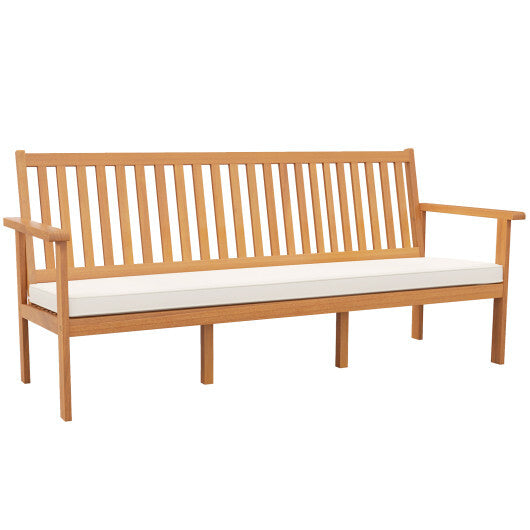 Outdoor 3-Seat Wood Bench with Seat Cushion and Slatted Seat-White