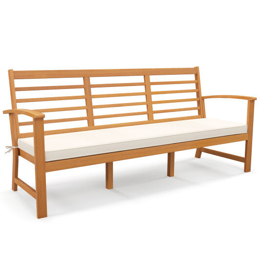 Patio 64 Inch Wood Bench with Seat Cushion and Slatted Seat for Backyard-Off White