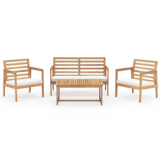 4 Piece Wood Patio Conversation Set with 2 Armchairs and Coffee Table-White