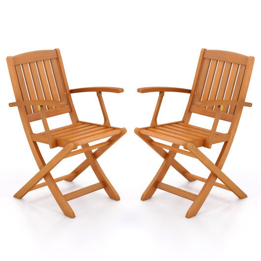 Patio Wood Folding Chair Set of 2 with Armrests and Slatted Seat