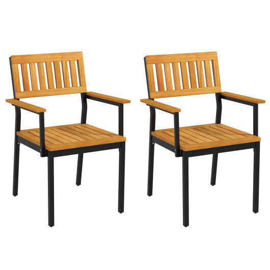 Patio Outdoor Dining Chair Set of 2 with Metal and Acacia Wood Frame