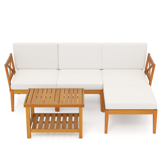 5 Pieces Acacia Wood Patio Furniture Set with 2-Tier Coffee Table and Cushions-White