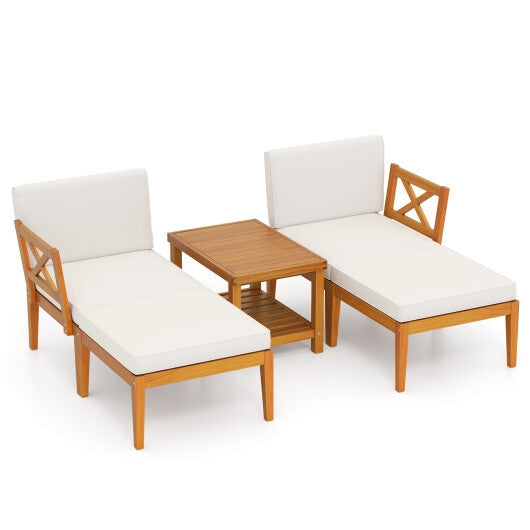 5 Pieces Acacia Wood Patio Chaise Lounge Chair Set with Ottoman and Cushions-White