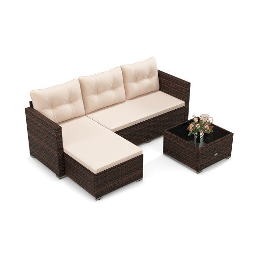 2-Piece Outdoor Wicker Furniture Set with Tempered Glass Coffee Table and Soft Cushions-Beige