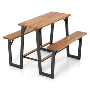 Patio Picnic Table Bench Set with Acacia Wood Tabletop and Benchtop - Color: Natural - Size: 41-50 Inch