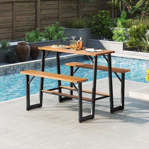 Patio Picnic Table Bench Set with Acacia Wood Tabletop and Benchtop - Color: Natural - Size: 41-50 Inch