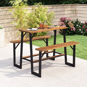 Patio Picnic Table Bench Set with Acacia Wood Tabletop and Benchtop - Color: Natural - Size: 41-50 Inch