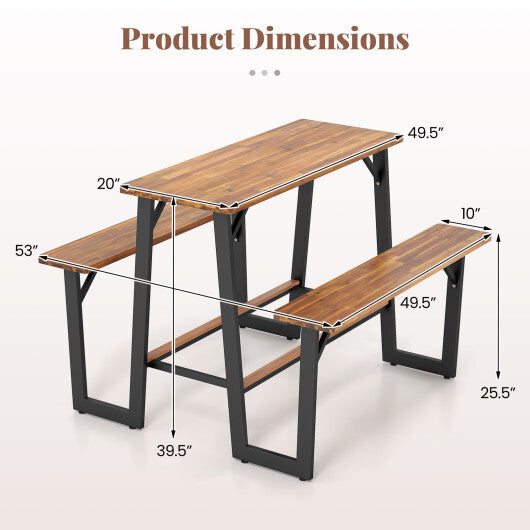 Patio Picnic Table Bench Set with Acacia Wood Tabletop and Benchtop - Color: Natural - Size: 41-50 Inch