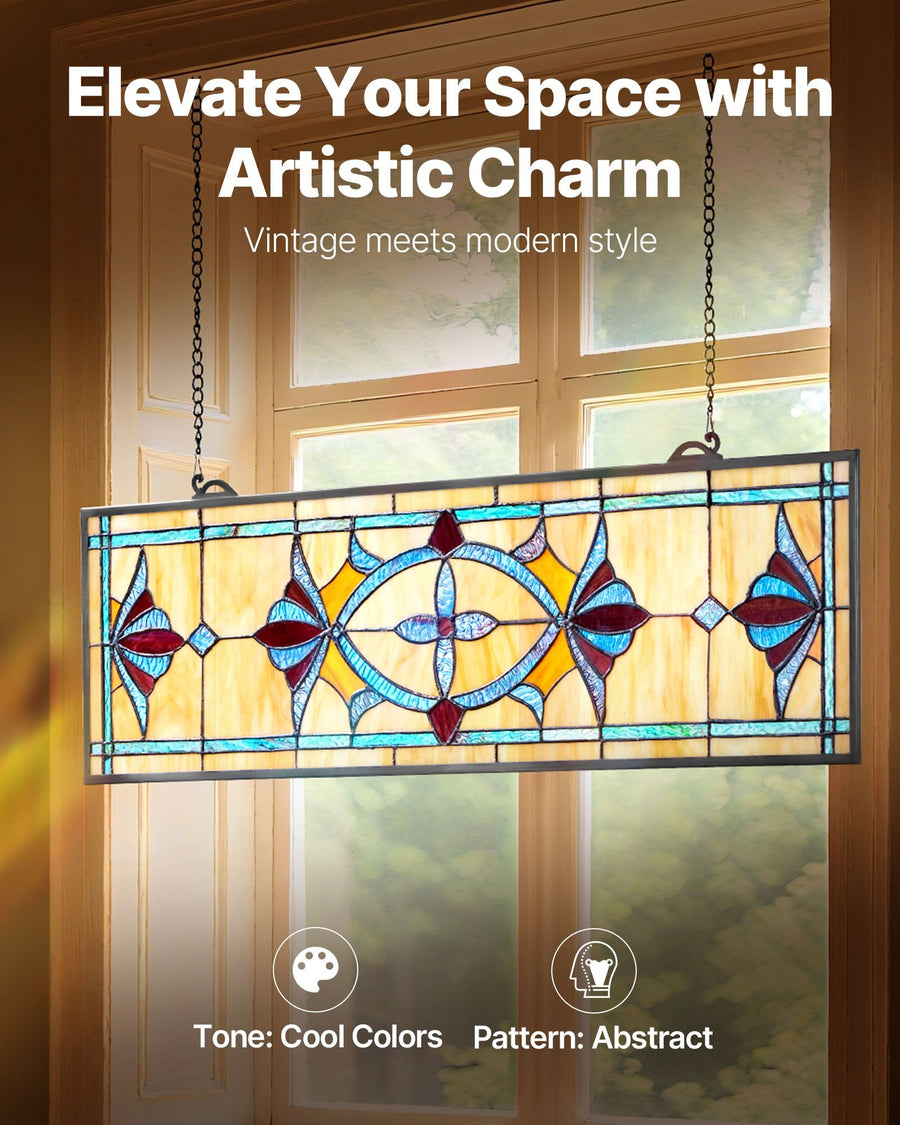 Stained Glass Window Panel, 32 x 10 in, Tiffany Style Hanging Transom Window Panel with Chain, Large Horizontal Rectangle Stain Glass, Vintage Traditional Art Handcrafts for Kitchen Home Decor