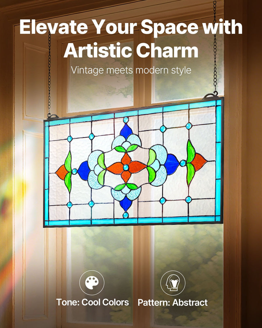 Stained Glass Window Panel, 26 x 16 in, Tiffany Style Hanging Transom Window Panel with Chain, Large Horizontal Rectangle Stain Glass, Vintage Traditional Art Handcrafts for Kitchen Home Decor