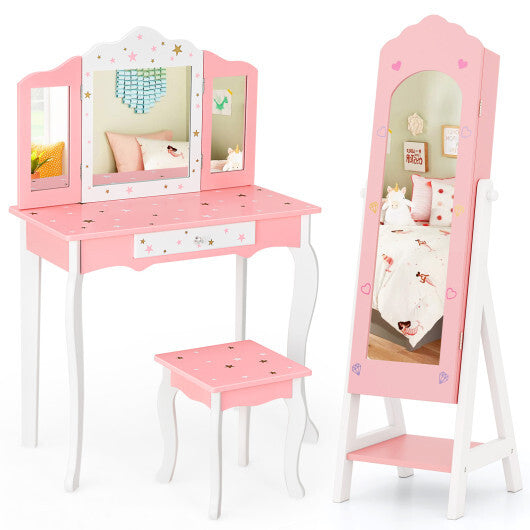 2 Pieces Kids Vanity Set and Jewelry Armoire Cabinet with Full-length Mirror-Pink