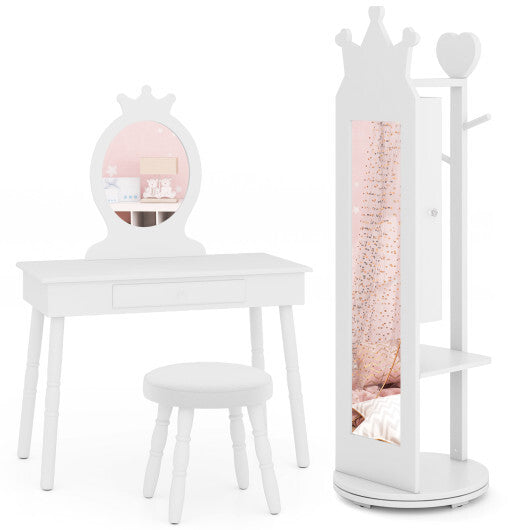 Kids Room Furniture Set Princess Vanity Table and Stool Set with Mirror and Drawer-White