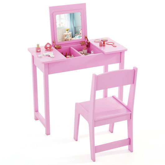 2-in-1 Kids Vanity Makeup Table and Chair Set with Flip Top Mirror-Pink