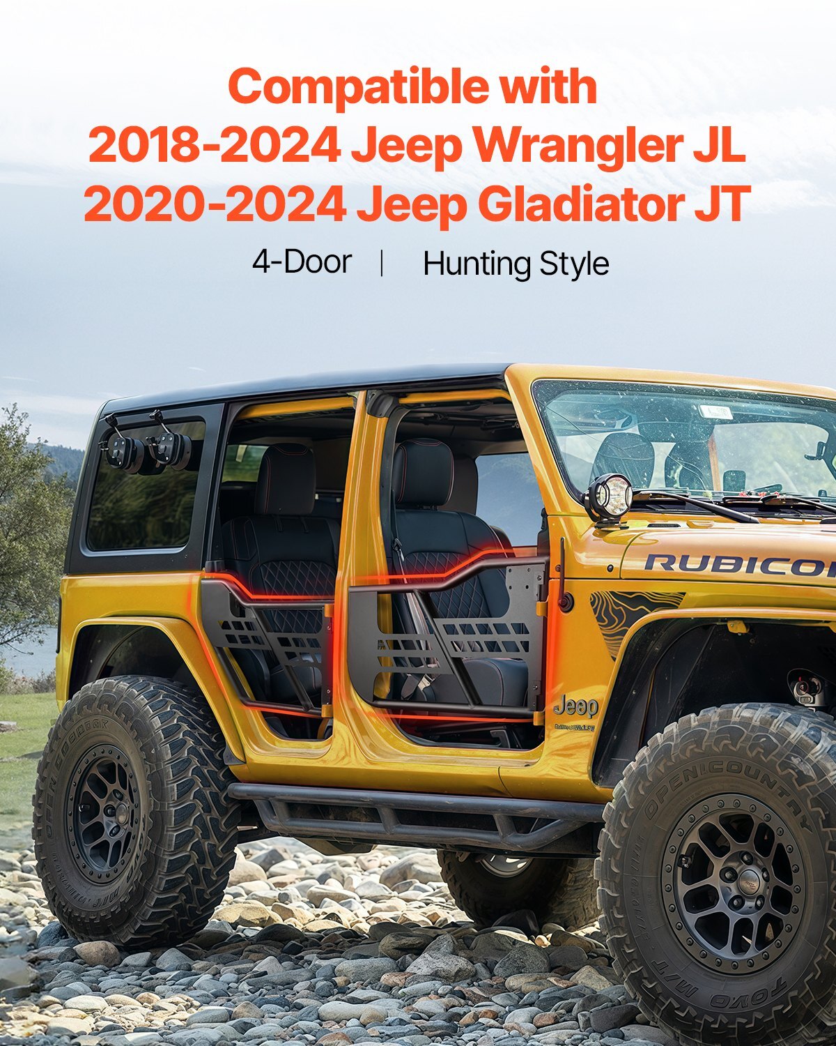 Jeep Tube Doors, 4-Door, Hunting Style Jeep Tubular Door with Heavy-Duty Hinges & OE Latch, Jeep Doors with Rubber Pads, Fit for 2018-2024 Jeep Wrangler JL & 2020-2024 Jeep Gladiator JT