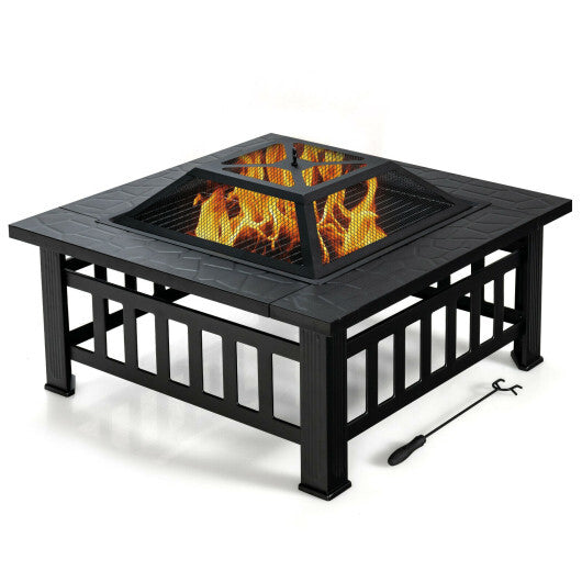 32 Inch 3 in 1 Outdoor Square Fire Pit Table with BBQ Grill and Rain Cover for Camping - Color: Black