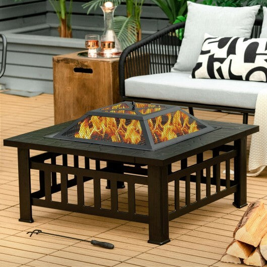32 Inch 3 in 1 Outdoor Square Fire Pit Table with BBQ Grill and Rain Cover for Camping - Color: Black