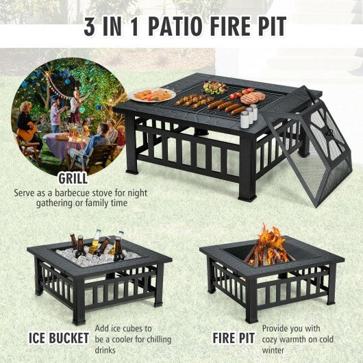32 Inch 3 in 1 Outdoor Square Fire Pit Table with BBQ Grill and Rain Cover for Camping - Color: Black