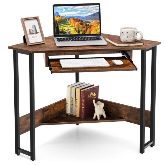 Triangle Corner Desk with Charging Station Keyboard Tray and Storage Shelf-Rustic Brown