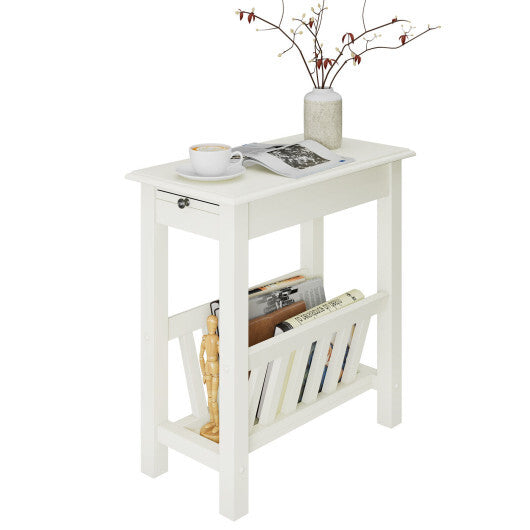 2-Tier End Table with Pull-out Tray and Solid Rubber Wood Legs-White - Color: White