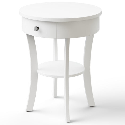 2-Tier Wood Round End Table with Open Drawer-White - Color: White