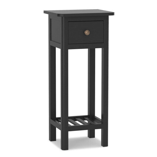 2 Tier Slim Nightstand Bedside Table with Drawer Shelf-Black - Color: Black