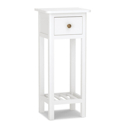 2 Tier Slim Nightstand Bedside Table with Drawer Shelf-White - Color: White