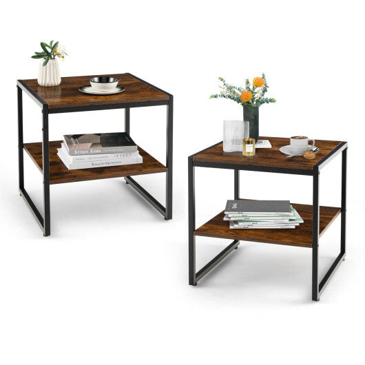 2 Pieces Industrial 2-Tier Side Table Set with Open Shelf-Rustic Brown - Color: Rustic Brown