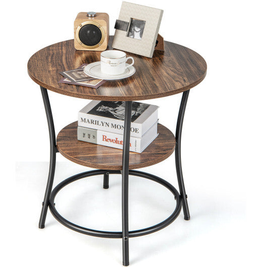 2-Tier Round End Table with Open Storage Shelf and Sturdy Metal Frame-Brown