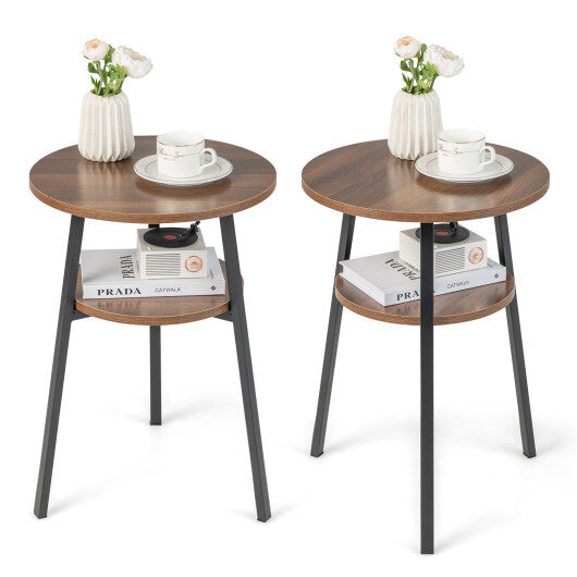 2-Tier Round End Table Set of 2 with Open Shelf and Triangular Metal Frame-Walnut