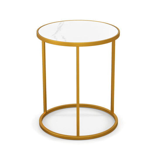 16 Inch Marble Top Round Side Table with Golden Metal Frame for Living Room Bedroom-1 Piece - Color: Golden