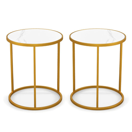 16 Inch Marble Top Round Side Table with Golden Metal Frame for Living Room Bedroom-Set of 2 - Color: Golden