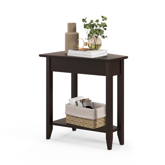 2-Tier Wedge Narrow End Table with Storage Shelf and Solid Wood Legs-Espresso