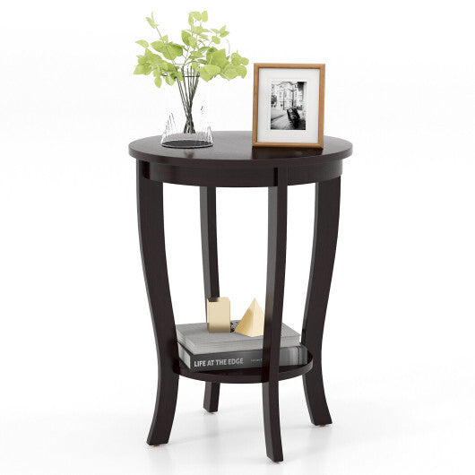 2-tier Round End Table with Solid Wood Legs-Espresso - Color: Espresso