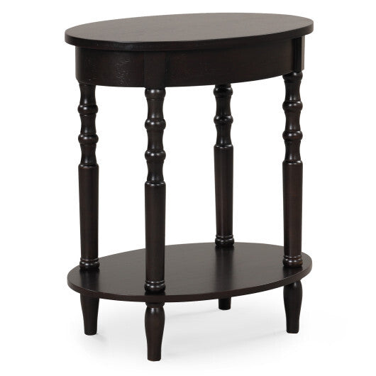 2-Tier Oval Side Table with Storage Shelf and Solid Wood Legs-Espresso - Color: Espresso