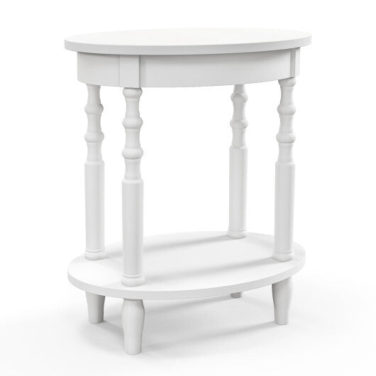 2-Tier Oval Side Table with Storage Shelf and Solid Wood Legs-White - Color: White