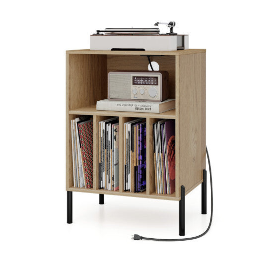 Record Player Stand with Record Storage Shelf and Charging Station-Natural - Color: Natural