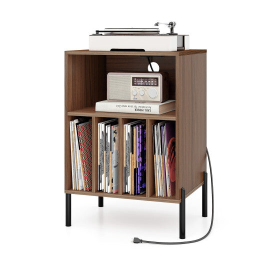Record Player Stand with Record Storage Shelf and Charging Station-Walnut - Color: Walnut