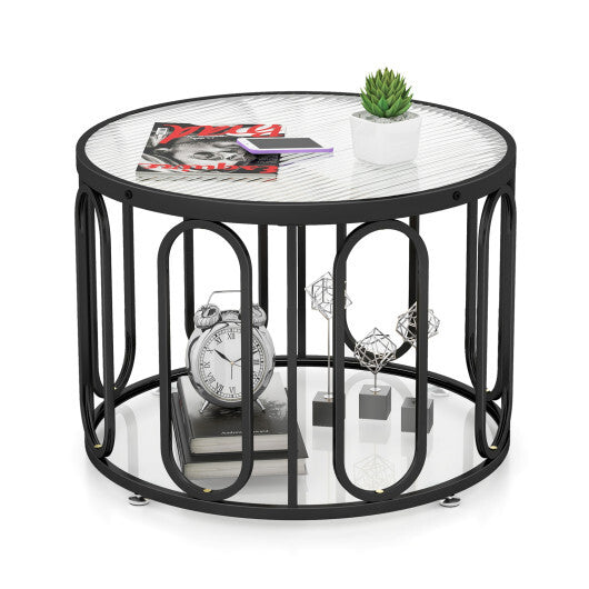 24 Inch Round Coffee Table with Reeded Tempered Glass Top and Oval Swivel Brackets-Black