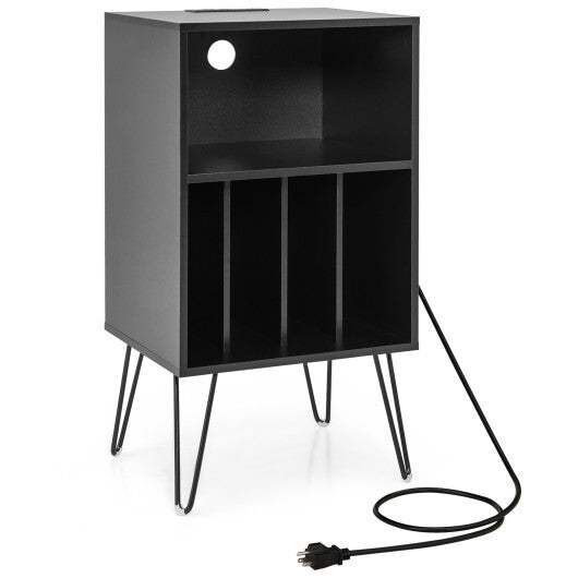 Record Player Stand with Charging Station for Living Room Bedroom-Black - Color: Black