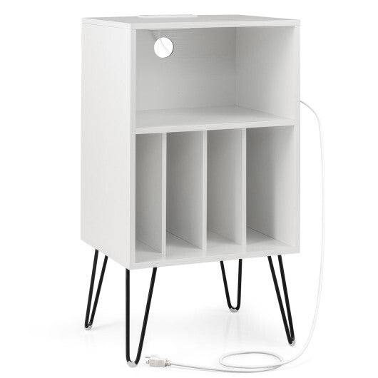 Record Player Stand with Charging Station for Living Room Bedroom-White - Color: White