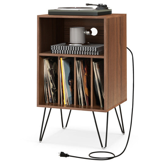 Record Player Stand with Charging Station for Living Room Bedroom-Walnut - Color: Walnut