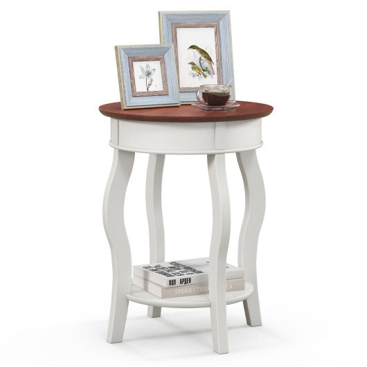 2-Tier Round End Table with Storage Shelf and Solid Rubber Wood Legs-Walnut & White - Color: Walnut & Gray