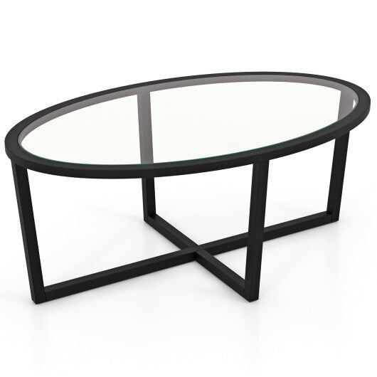 Glass Coffee Table Oval Living Room Table with Cross Base and Acacia Wood Legs-Black