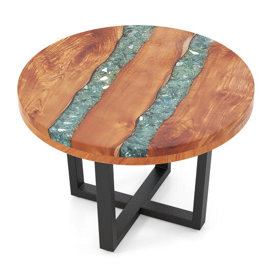 24 Inch Outdoor Solid Live Edge Round Teak Wood End Table with Epoxy Resin Tabletop - Color: Brown